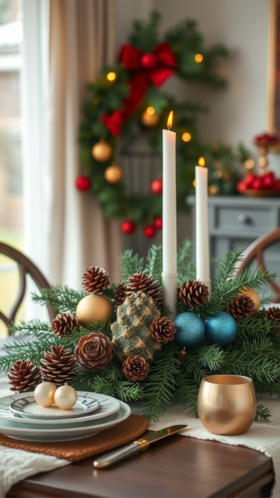 A festive dining table centerpiece with pinecones, ornaments, and candles.