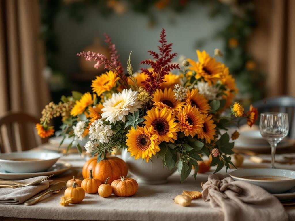 A vibrant Thanksgiving centerpiece featuring sunflowers, daisies, and small pumpkins on a dining table.