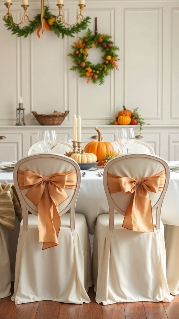 Thanksgiving table setting with elegant chair decor featuring cream covers and orange bows