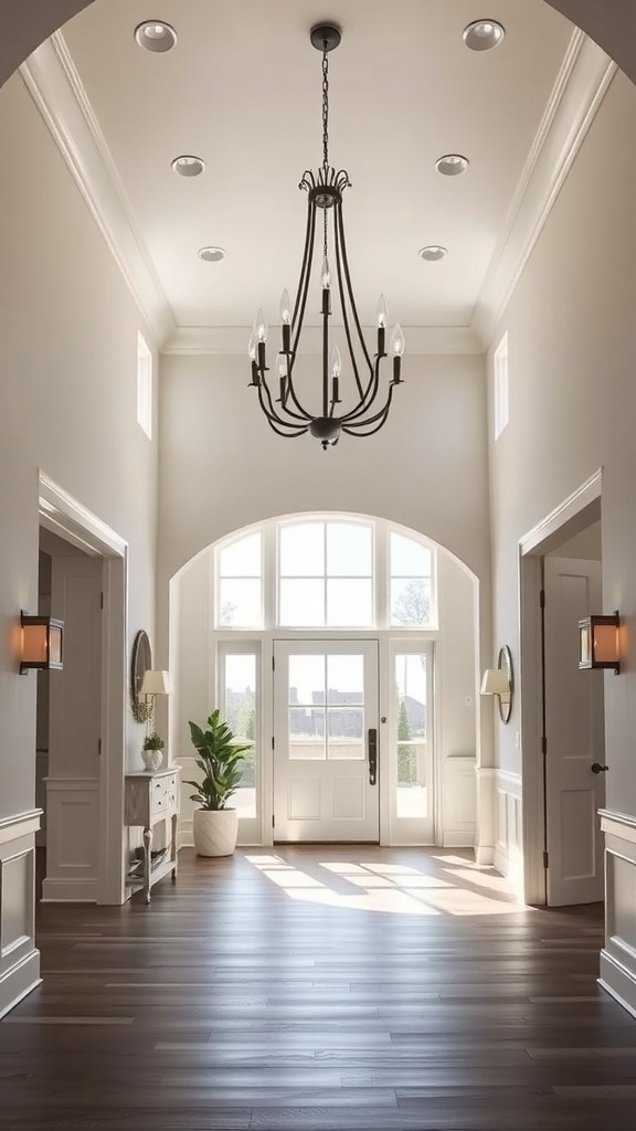 A stylish chandelier hanging in a bright entryway with large windows and wooden flooring.