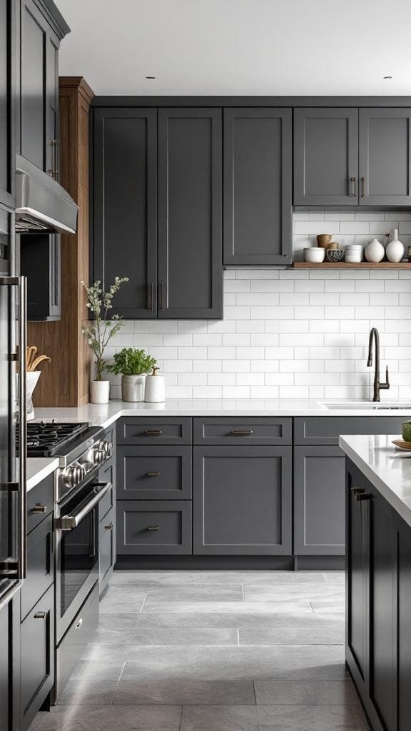 A modern kitchen featuring charcoal cabinets and white subway tiles.