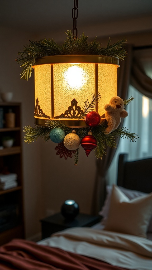 A Christmas-themed light fixture decorated with greenery and ornaments, illuminating a cozy bedroom.