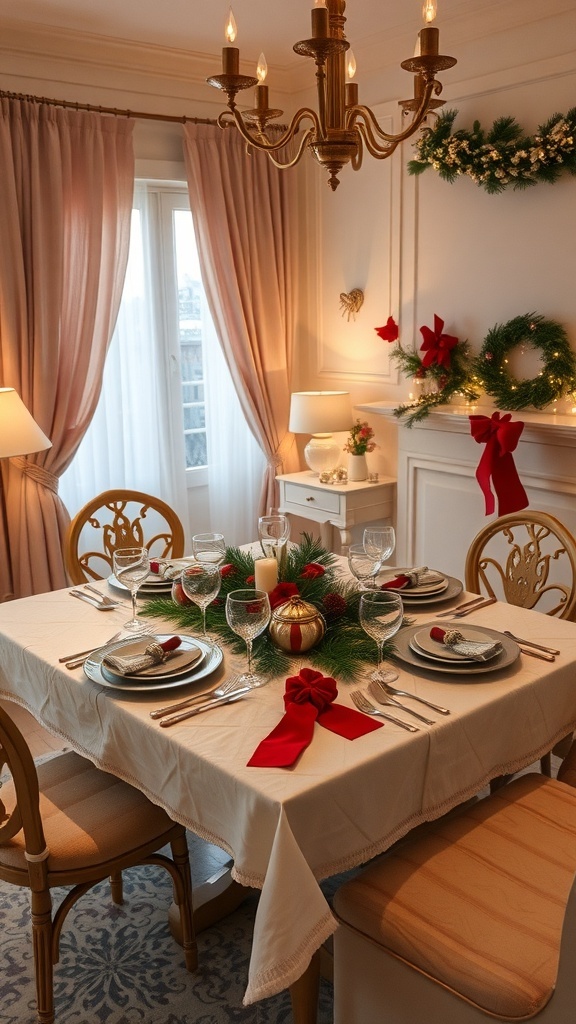 A beautifully decorated Christmas dining table with a cream tablecloth, festive centerpiece, elegant tableware, and soft lighting.