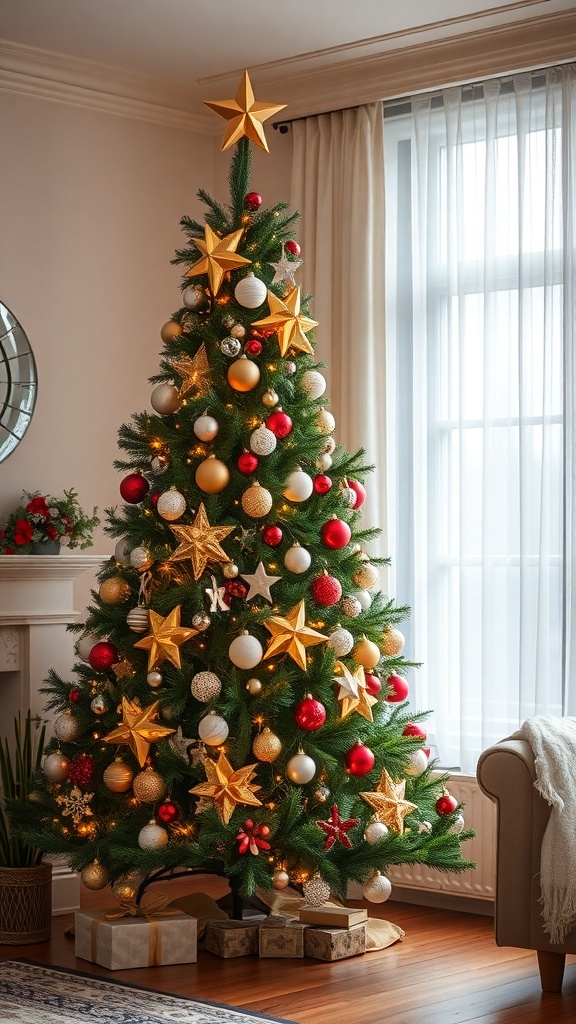 A beautifully decorated Christmas tree with golden stars and colorful ornaments in a cozy living room.
