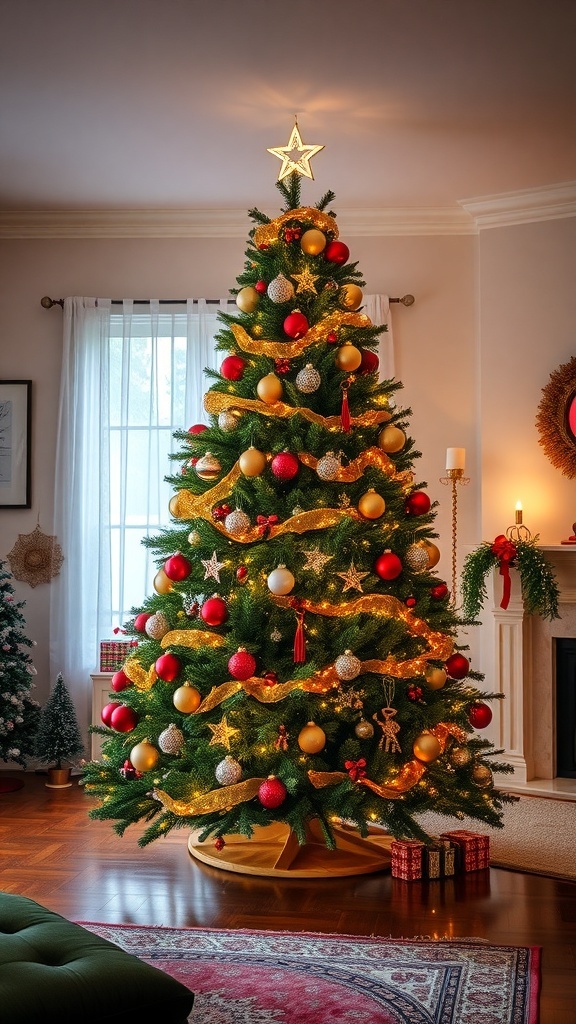 A decorated Christmas tree with red, gold, and silver ornaments, topped with a star, in a cozy living room.