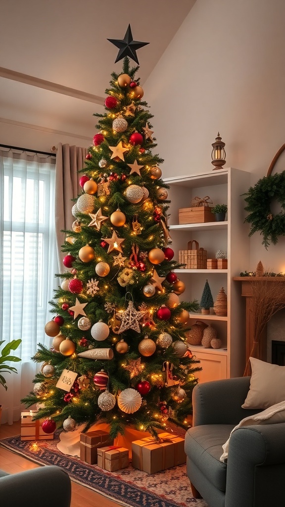 A beautifully decorated Christmas tree with gold, red, and silver ornaments in a cozy living room.