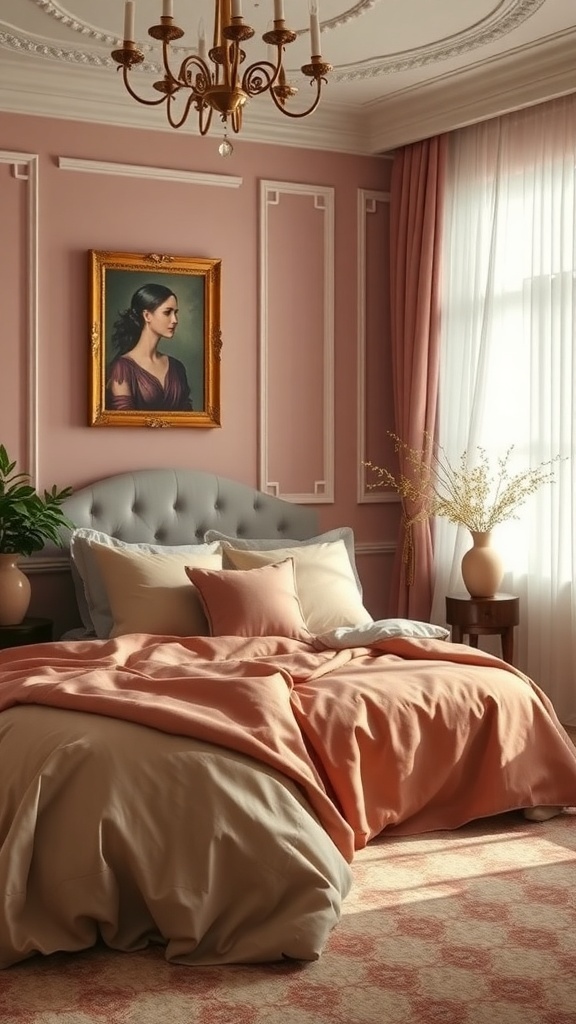 Luxurious bedroom interior with pink walls, elegant chandelier, and soft bedding