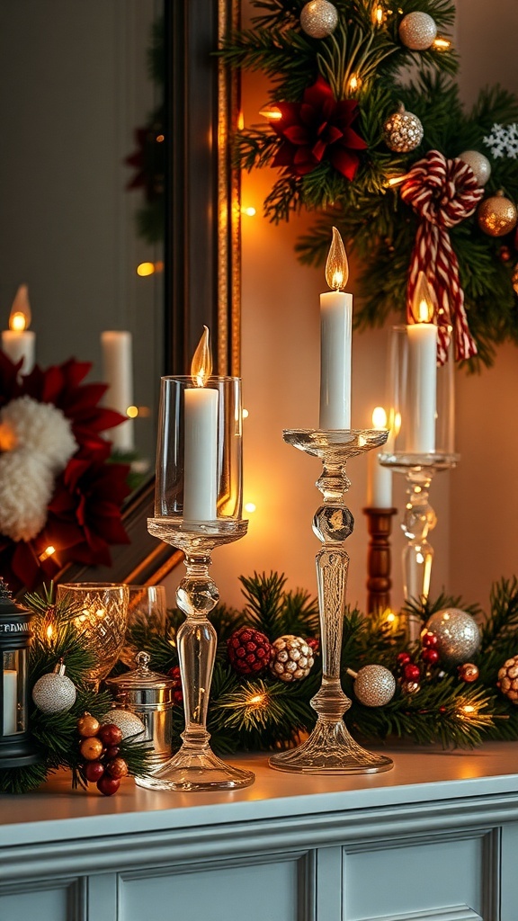 Elegant crystal candle holders surrounded by festive decorations and greenery.