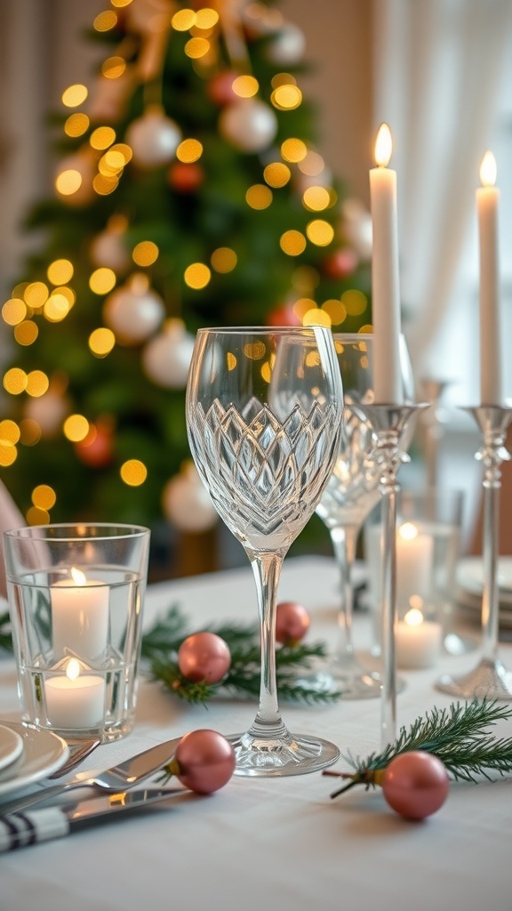 A beautifully set Christmas table featuring elegant crystal glassware, candles, and festive decorations.