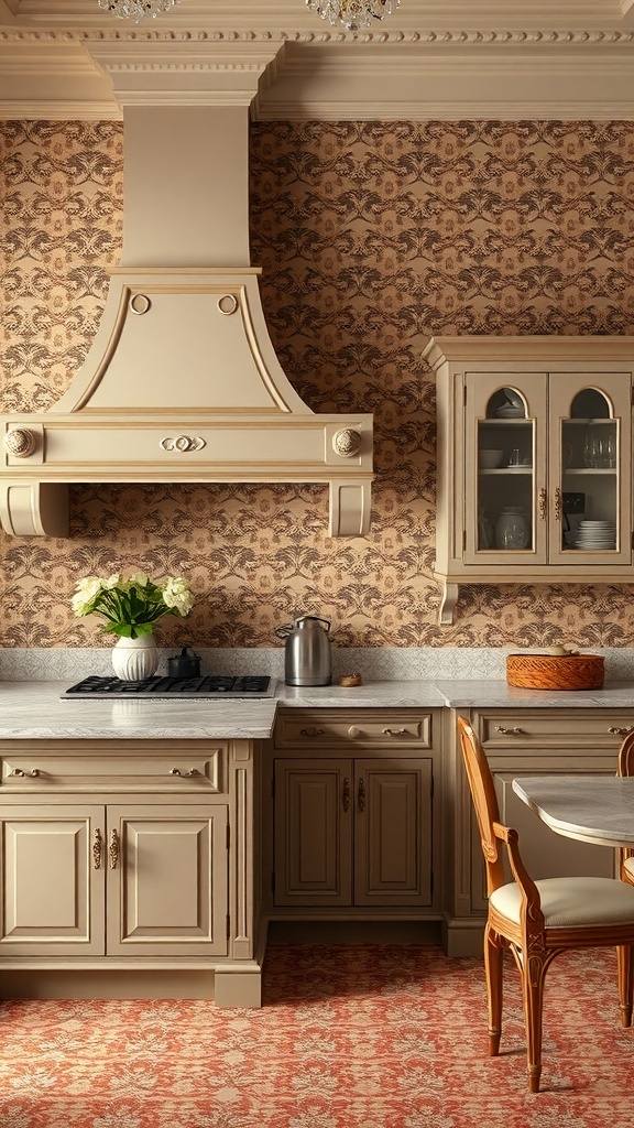 A kitchen featuring elegant damask wallpaper with a warm color palette.