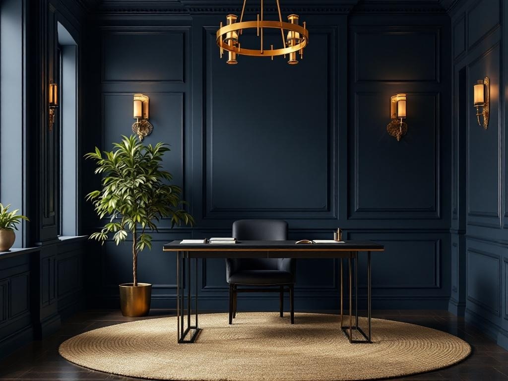 A stylish home office with deep navy walls, a sleek desk, and warm lighting.