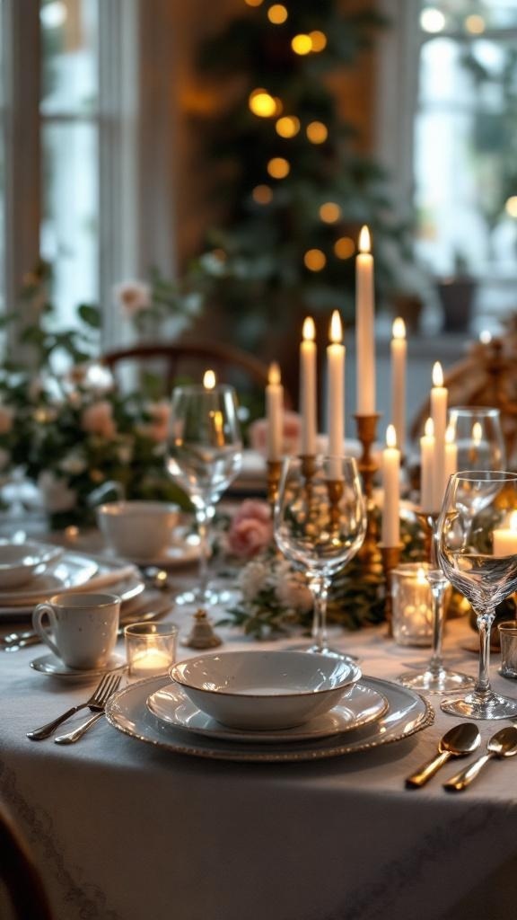 A beautifully set dining table with candles, flowers, and elegant tableware.