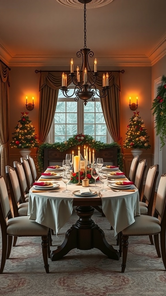 A beautifully decorated dining room with a festive table setting, warm lighting, and holiday decorations.