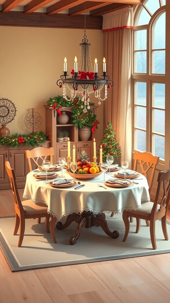 A beautifully decorated dining room with a round table set for a holiday meal, featuring a fruit centerpiece and festive decor.
