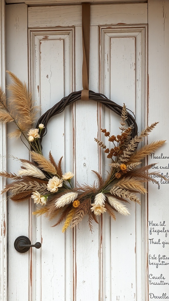 A dried flower wreath with soft colors hanging on a door, featuring grasses and delicate blooms.