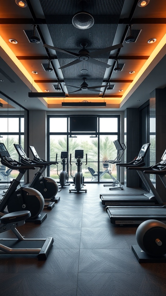 A modern home gym with sleek exercise equipment and large windows