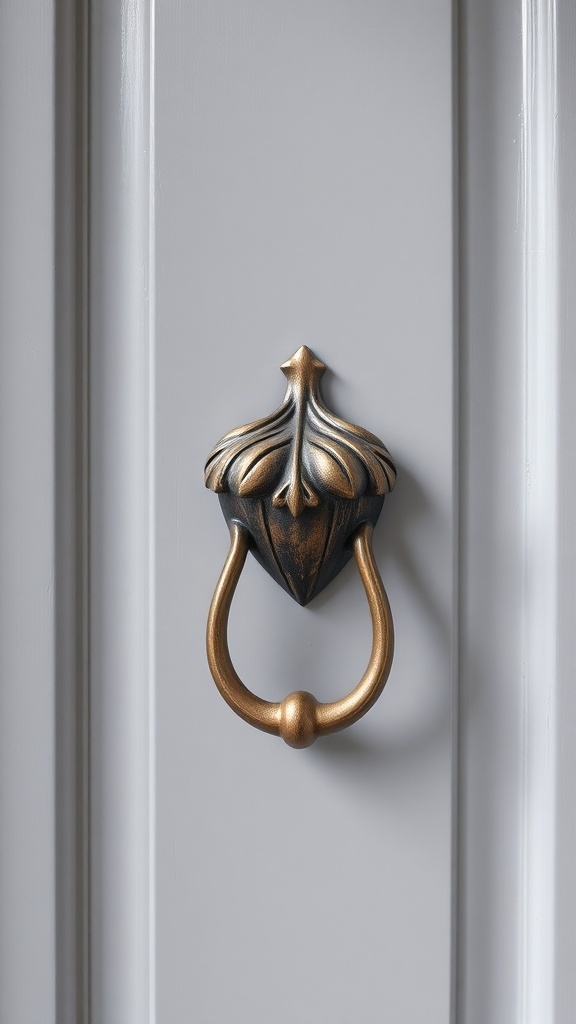 A decorative bronze door knocker with a leaf design on a gray door.
