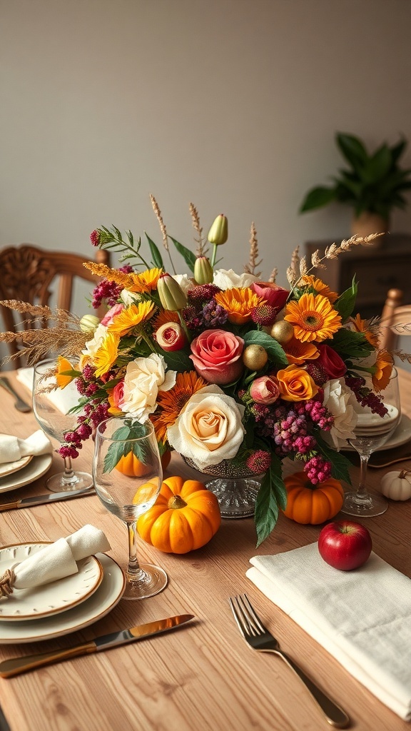 A fall dining table centerpiece with vibrant flowers, pumpkins, and apples.