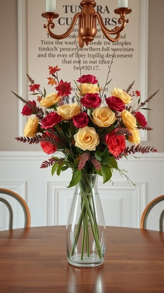 A fall floral arrangement with red and yellow roses in a clear glass vase on a wooden dining table.