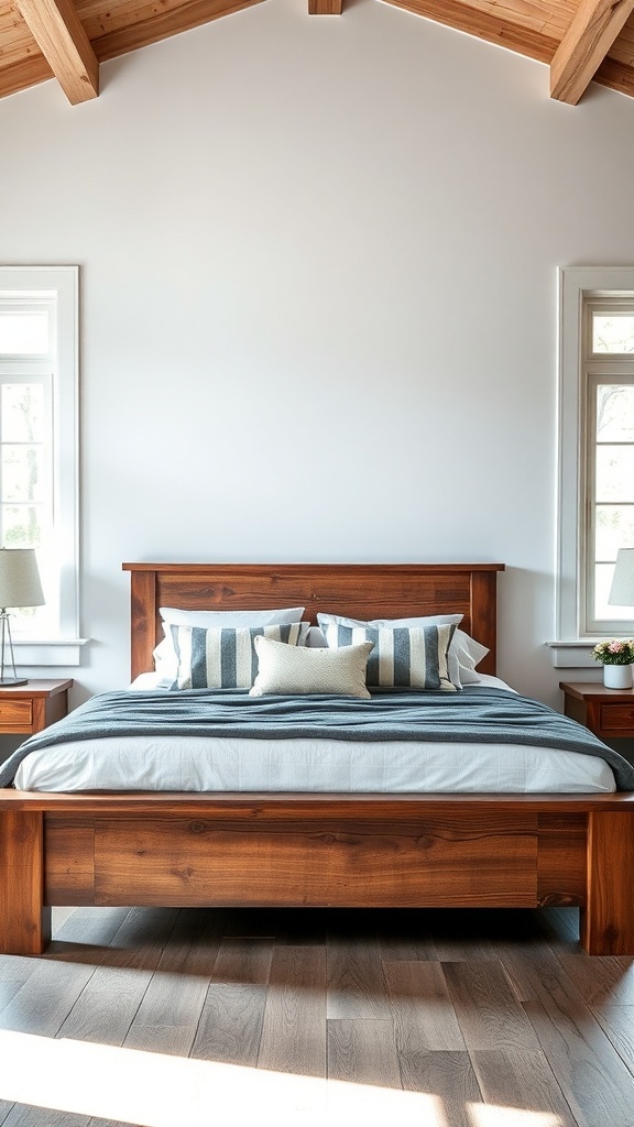 A modern farmhouse bedroom featuring a wooden bed frame with striped bedding and soft pillows.