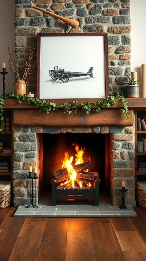 A rustic stone fireplace with a modern twist, featuring a framed artwork, candles, and greenery.