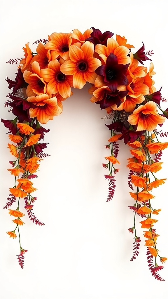 A vibrant floral cascade wreath featuring orange and deep red flowers, creating a warm autumn look.