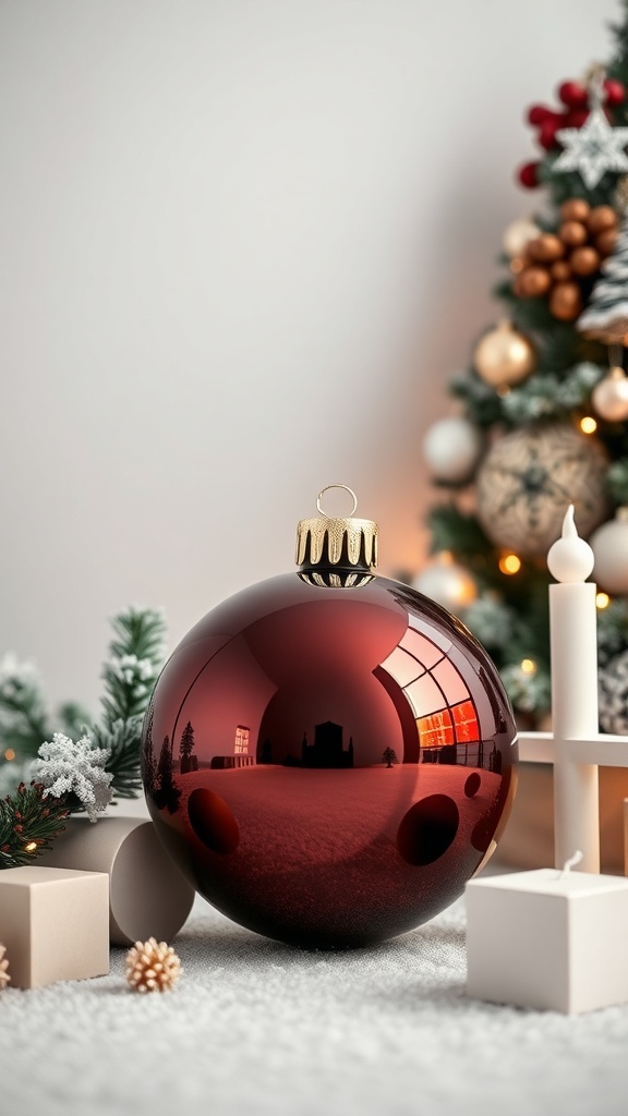 A red Christmas ornament reflecting its surroundings, surrounded by white candles and greenery.
