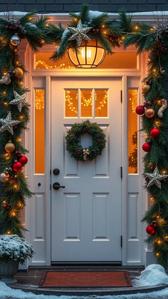 A beautifully decorated front door with garland, ornaments, and a wreath.