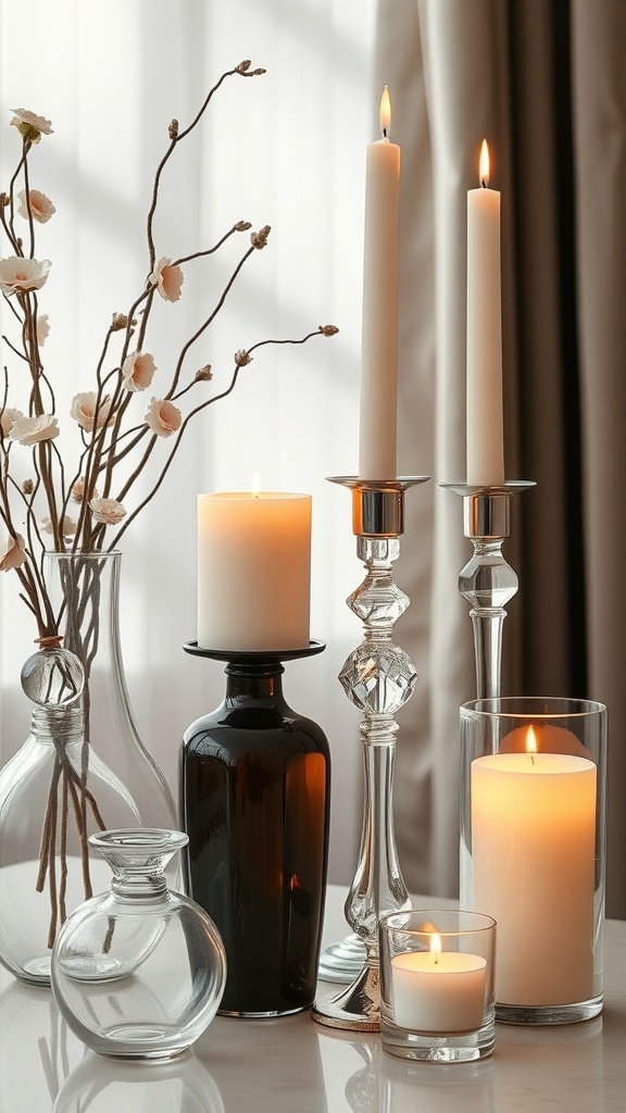 An elegant arrangement of glass vases and candles, featuring neutral colors and dried branches.