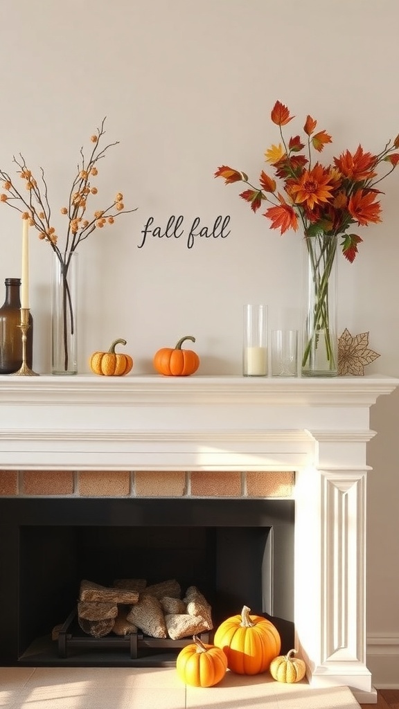 A fall-themed fireplace mantle decorated with flowers, pumpkins, and a wall inscription.