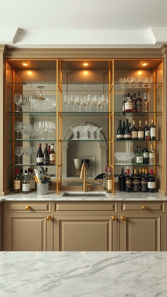 Elegant glass display cabinet showcasing glassware and bottles in a kitchen bar