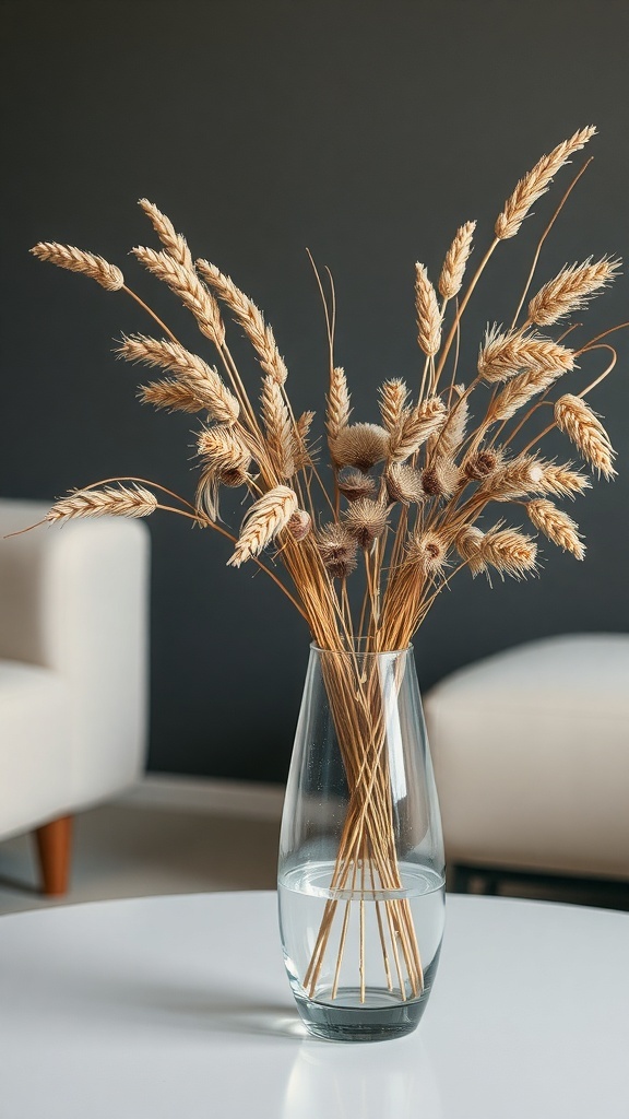A glass vase filled with dried flowers, featuring tall golden stalks, set on a white table against a dark background.