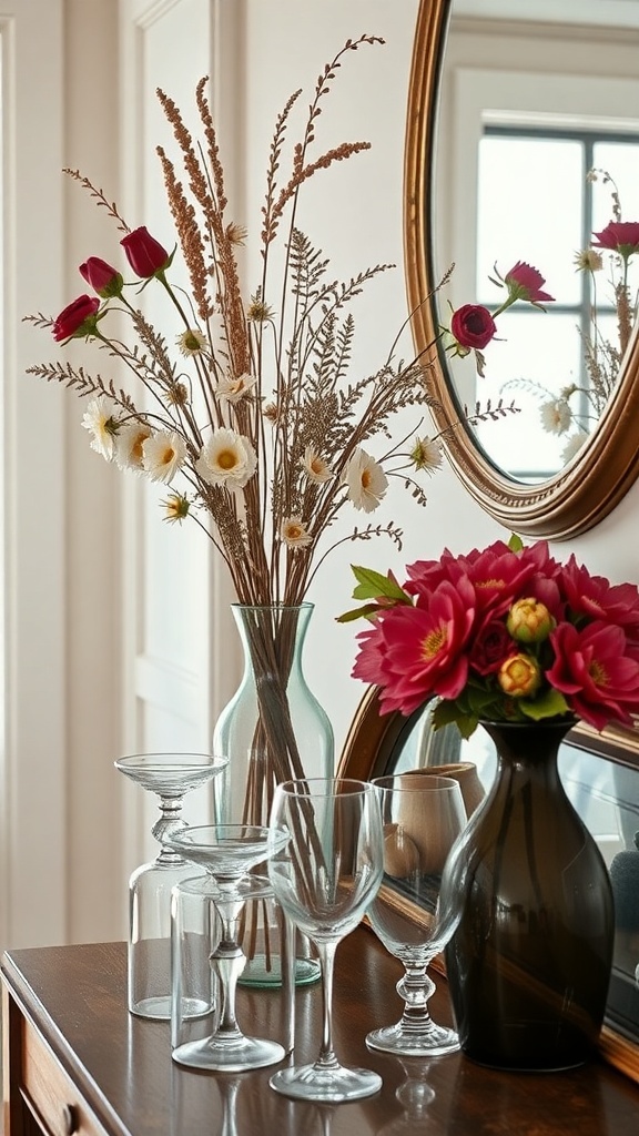 A fall entry table decorated with glassware and vases filled with flowers.