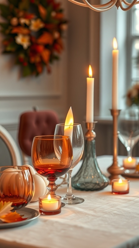 A fall table setting featuring amber glassware, candles, and seasonal decor.