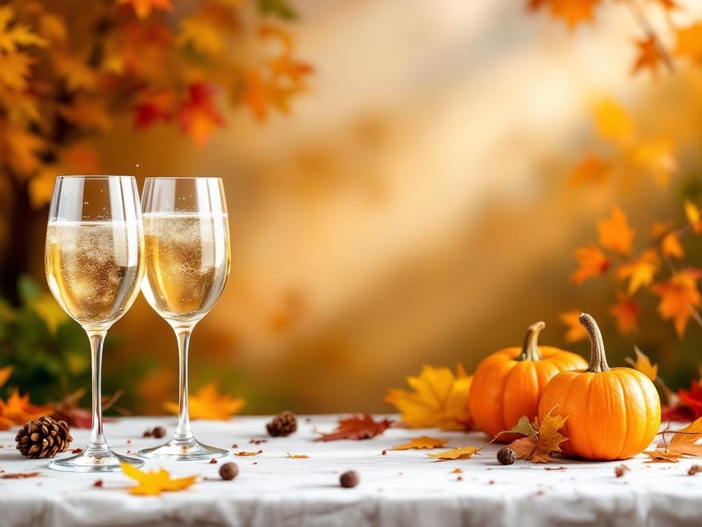 Two glasses of bubbly drink with pumpkins and autumn leaves on a table