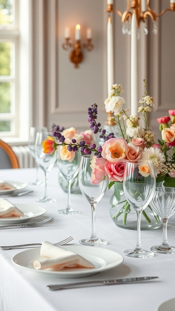 A beautifully set dining table with elegant glassware and floral centerpiece for autumn dinners.