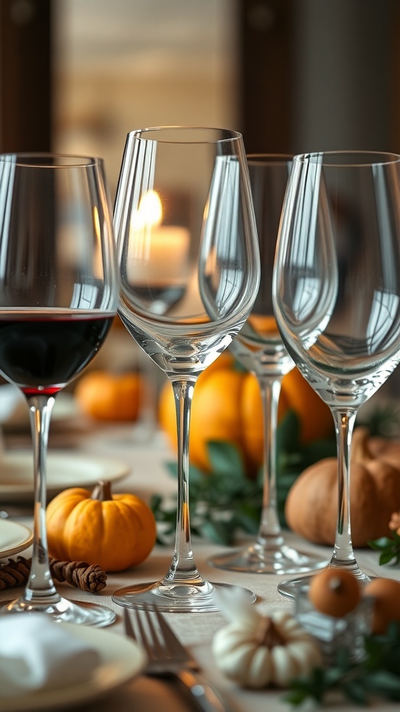 Elegant glassware on a Thanksgiving table with pumpkins and greenery.