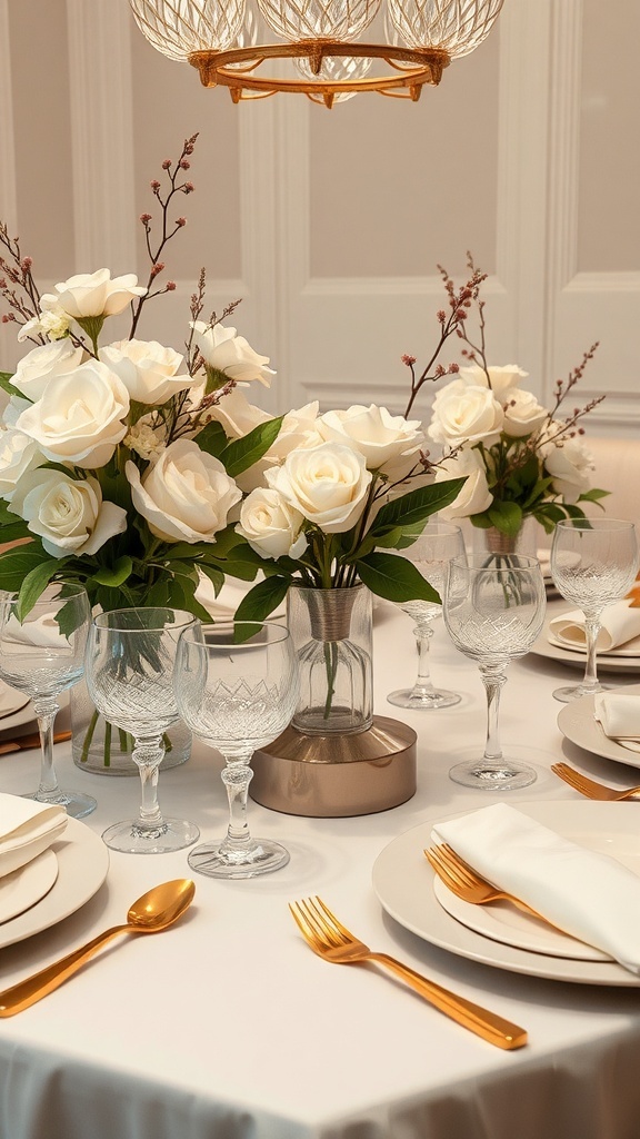 A beautifully set Thanksgiving table featuring white roses, gold utensils, and elegant glassware.