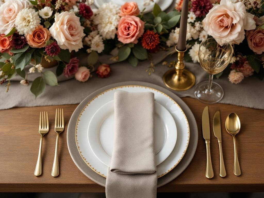 A beautifully set Thanksgiving table featuring gold accents, elegant plates, and a floral centerpiece.