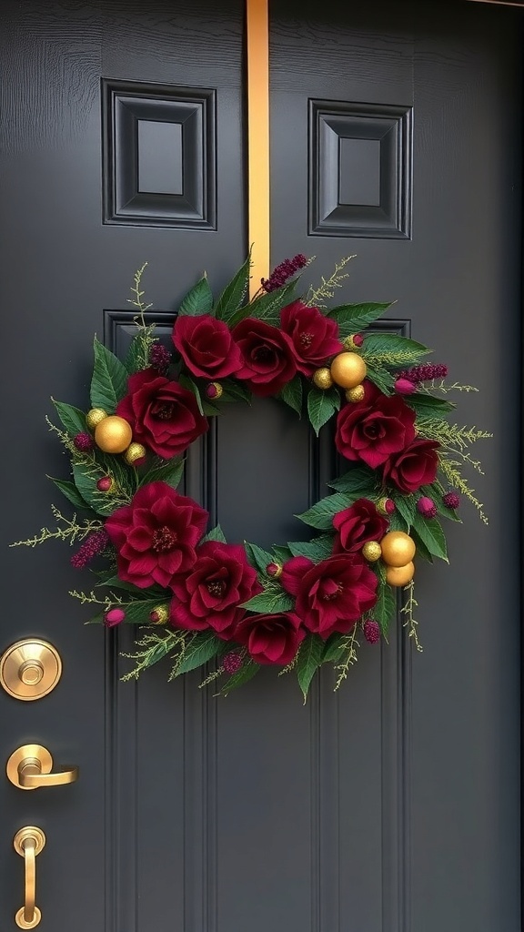 A fall wreath featuring burgundy roses, gold accents, and greenery on a brown door.