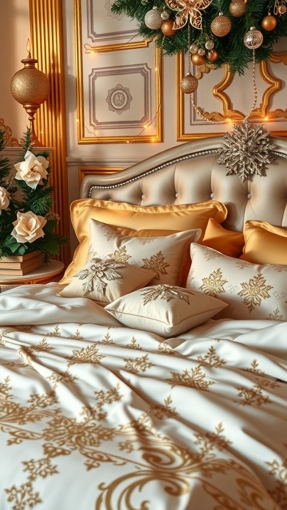 A beautifully decorated bed with gold and silver accents, featuring elegant pillows and a festive atmosphere.