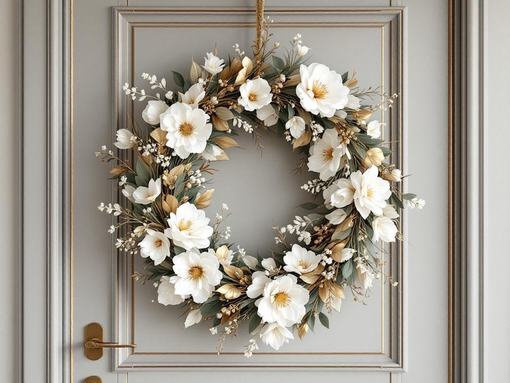 A beautiful gold and white wreath adorned with flowers and greenery, hanging on a door.