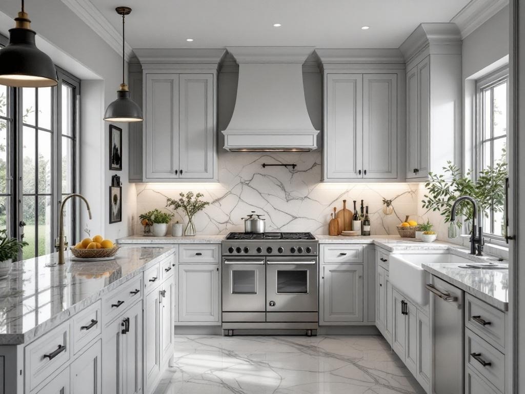 A modern gray and white kitchen featuring gray cabinets, white marble countertops, and stylish pendant lighting.
