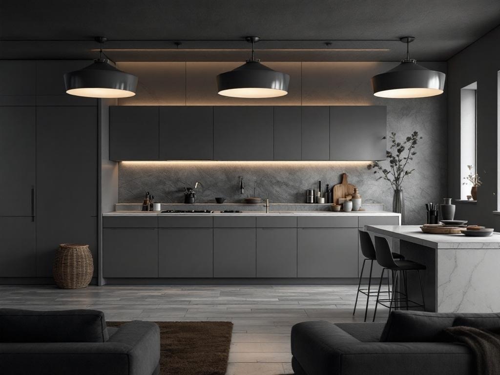 A modern gray kitchen featuring stylish pendant lighting and a sleek design.