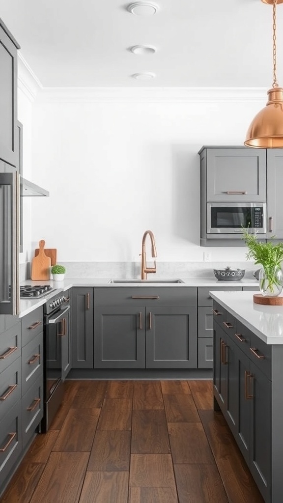 Modern kitchen with gray cabinets and copper accents