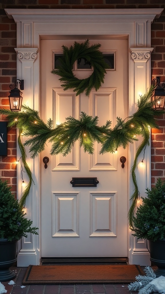 A beautifully decorated door with greenery swags and lights