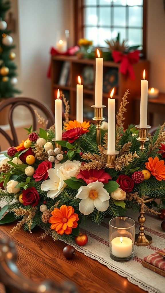 A beautifully arranged holiday centerpiece with flowers and candles.