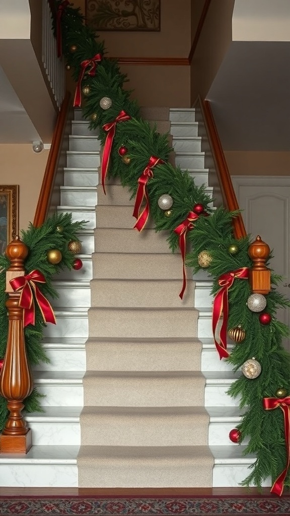 A beautifully decorated staircase with a lush green garland featuring red ribbons and shiny ornaments.