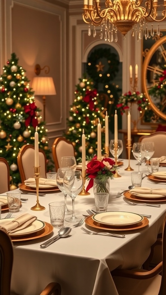 A beautifully decorated holiday table with candles, flowers, and festive decor.