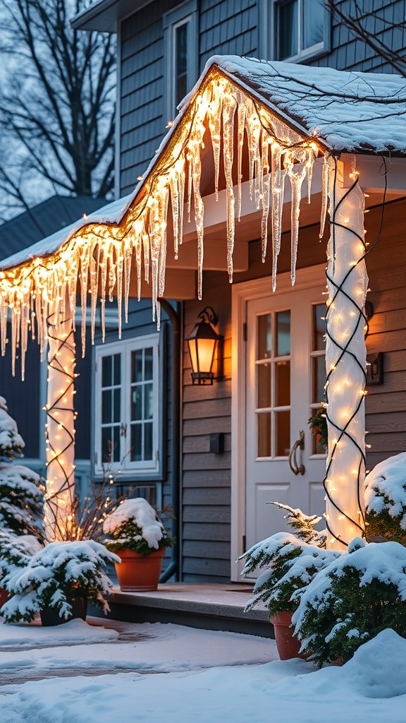 A cozy home adorned with icicle lights and snow-covered decorations.